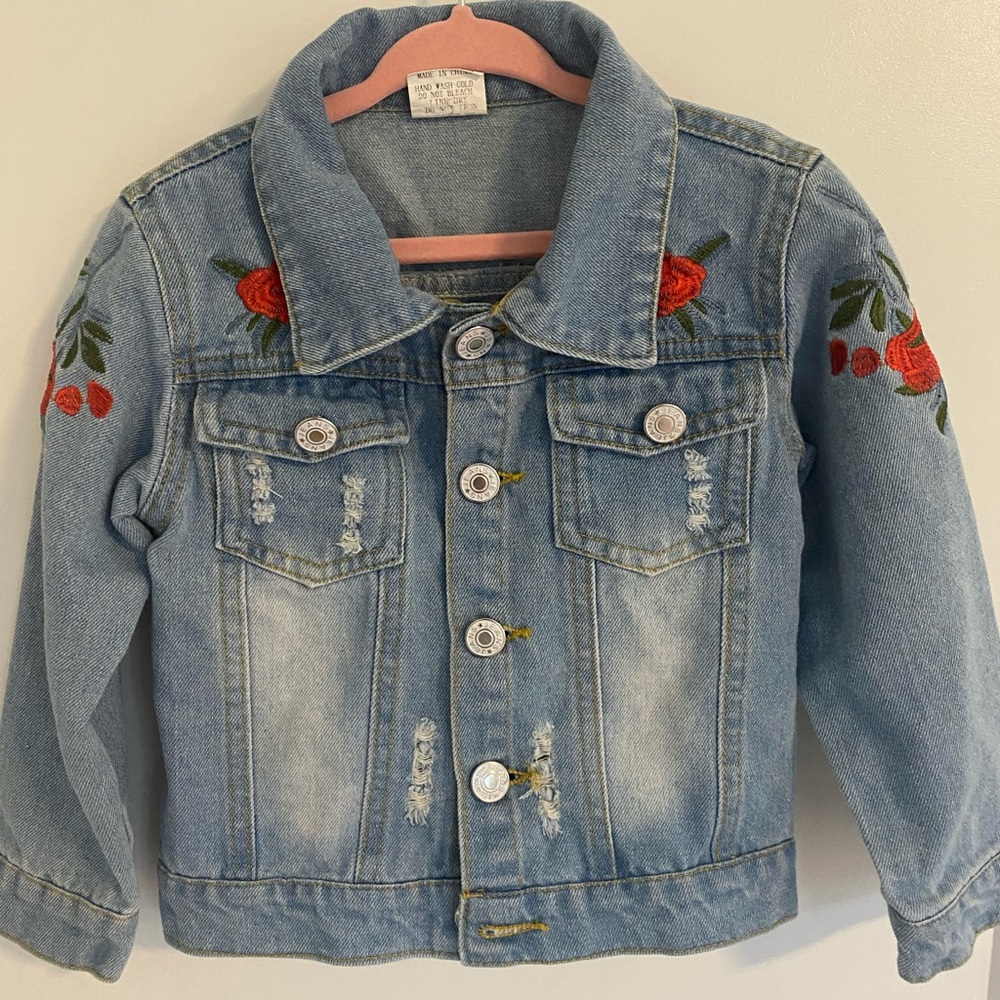 Girls Ripped Denim Jacket Rose Flower Embroidery